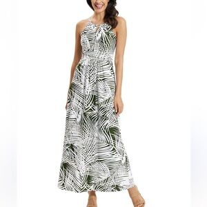 Jude Connally MIA Halter White & Green Palm-Print Maxi Dress